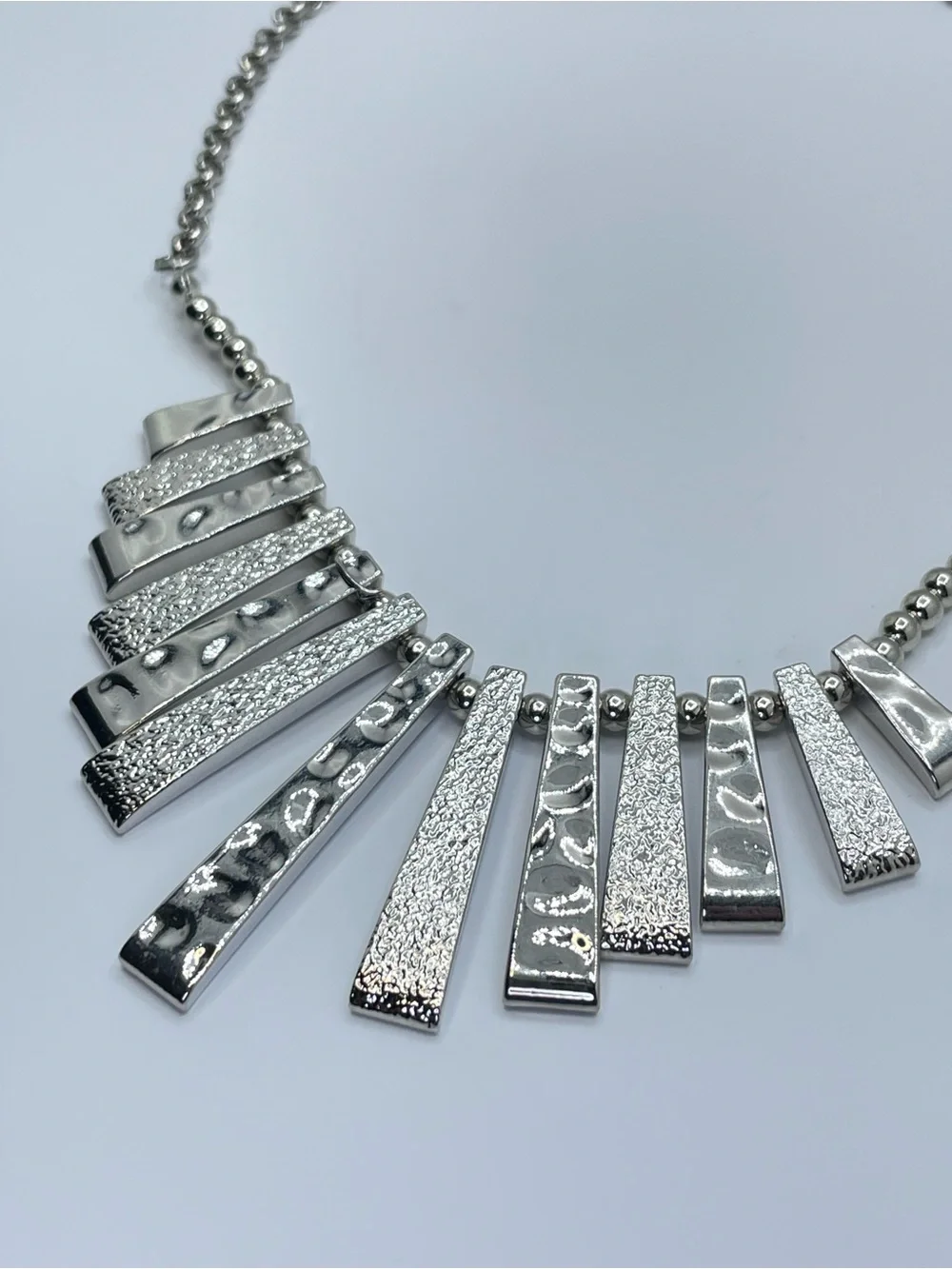 Silver Tone Fringe Bar Statement Necklace Textured Modern Bib